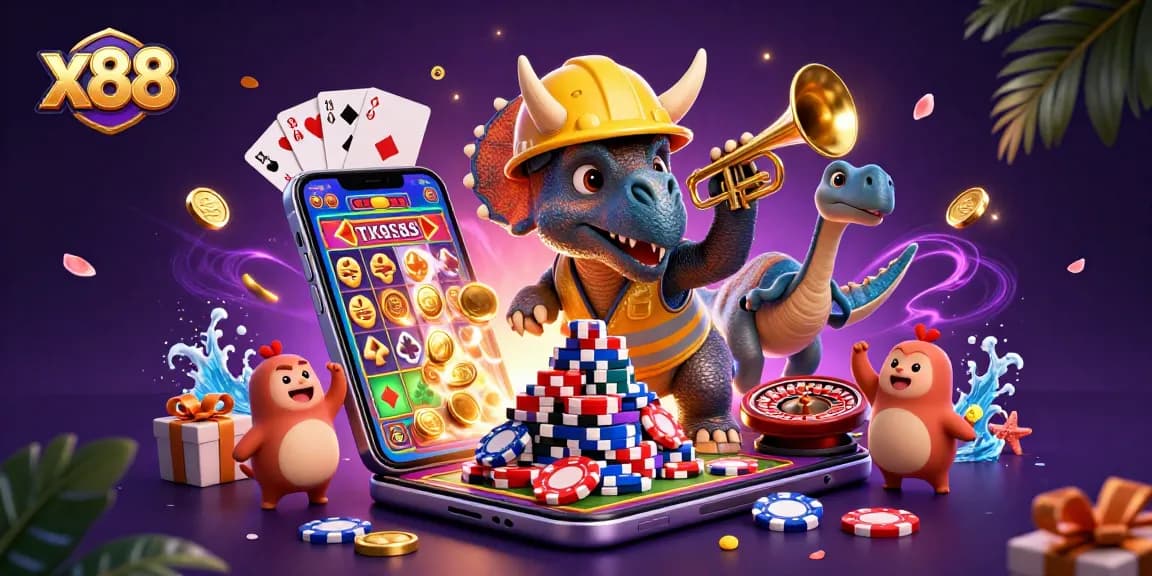 Join the excitement at x88, as playful dinosaurs build poker chip pyramids surrounded by vibrant casino elements.