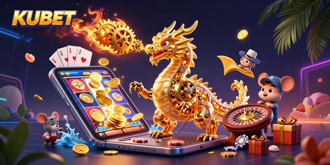 KUBET illustration of a golden dragon and engineer amidst vibrant gaming elements and treasures.