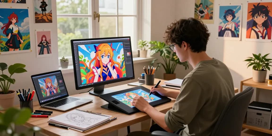Artist creating ecchi AI illustrations in a vibrant digital studio setting with colorful artwork.