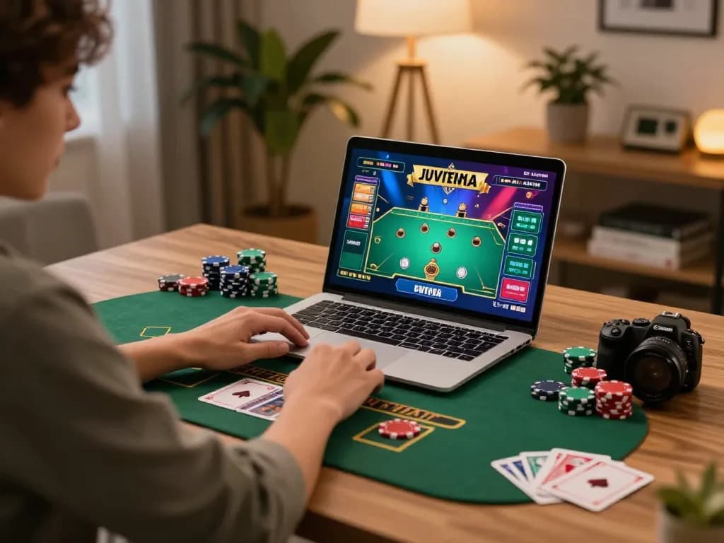 Engaging at-home online gaming experience with lc88 casino on laptop focusing on strategic blackjack play.