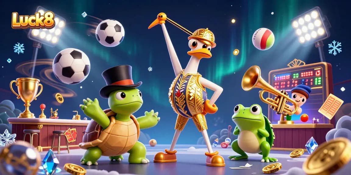 Luck8 captures dynamic sports actions with characters celebrating victories in a vibrant casino scene.