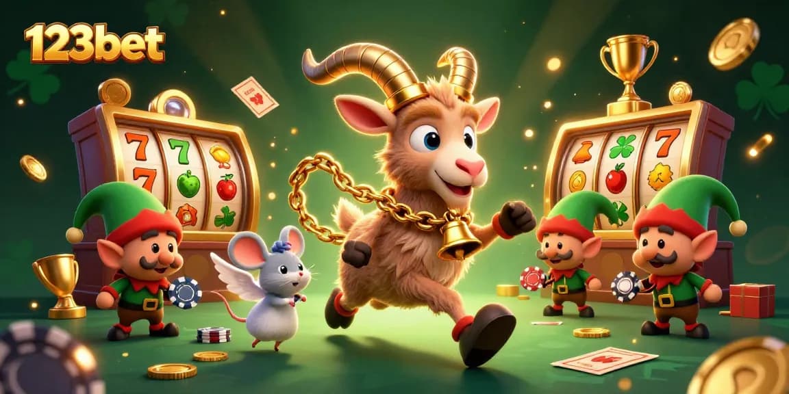 Bet big at 123bet with festive gaming action featuring a Krampus goat and mischievous elves.