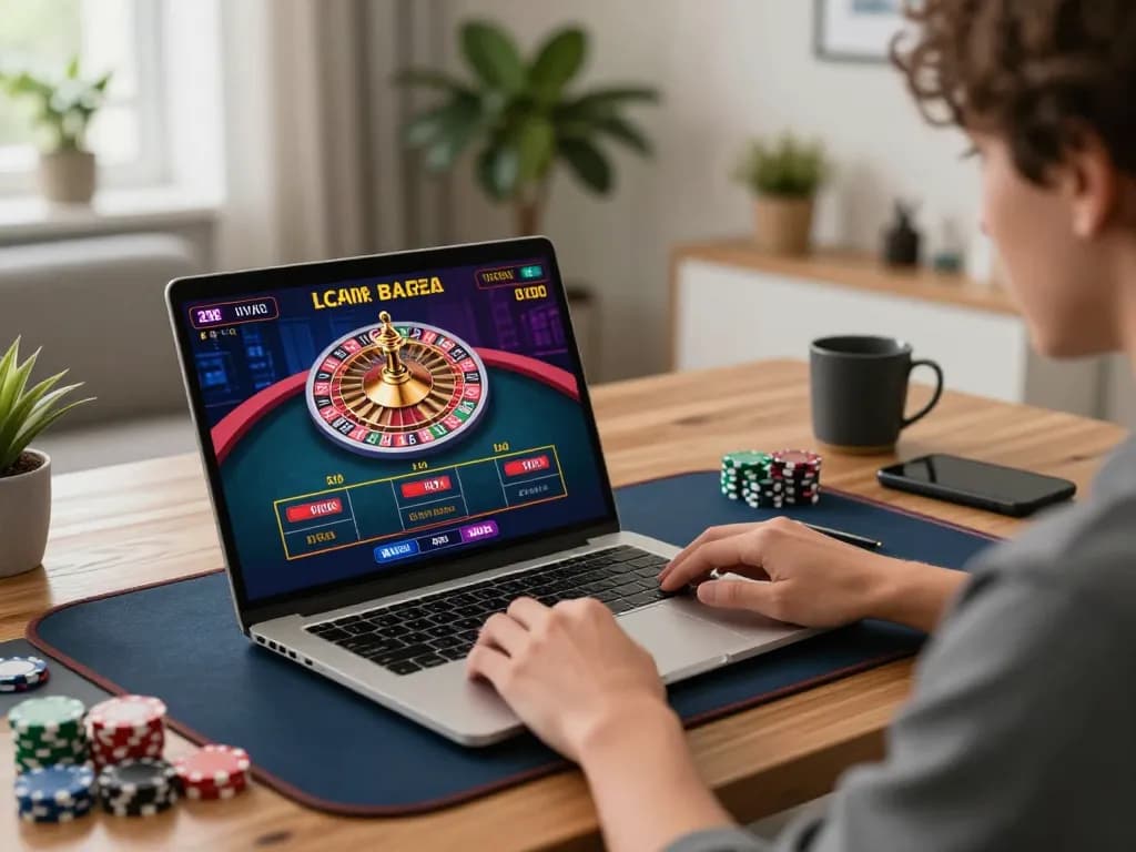 Player enjoying live dealer games on win678 at stylish home gaming setup, capturing immersive casino experience.