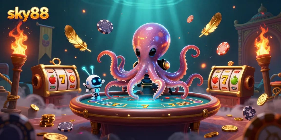 Experience vibrant 3D illustration of sky88's thrilling online casino, featuring dynamic poker action.