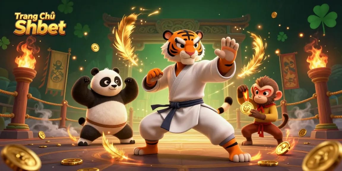 Engage with the dynamic world of Trang Chủ Shbet, featuring a kung fu tiger master in a vibrant casino scene.
