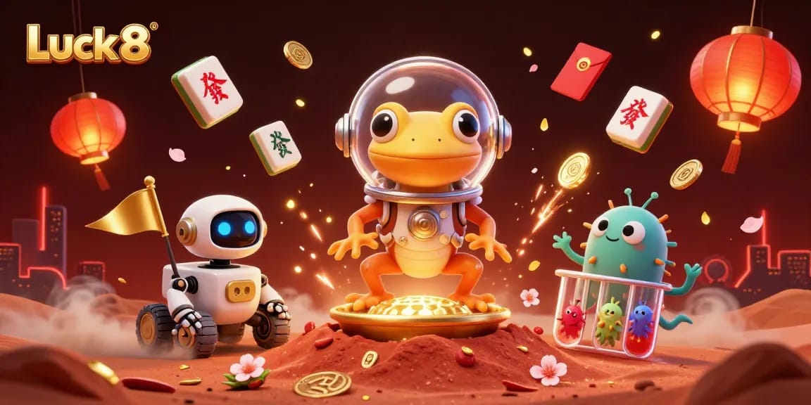 Experience Luck 8's thrilling casino adventure with Martian characters discovering treasures amidst vibrant gambling elements.