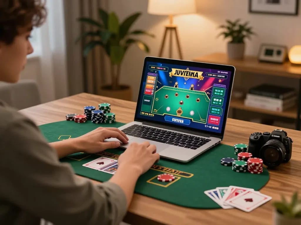 Engaging at-home online gaming experience with lc88 casino on laptop focusing on strategic blackjack play.