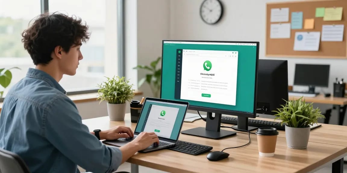 Young professional using WhatsApp電腦版 on a modern desk in a bright office.