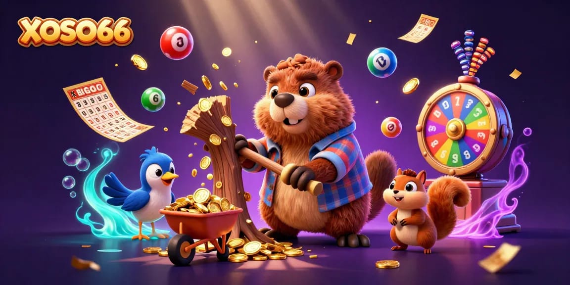 XOSO66 showcases an immersive scene with a beaver, bird, and squirrel amidst vibrant lottery elements.
