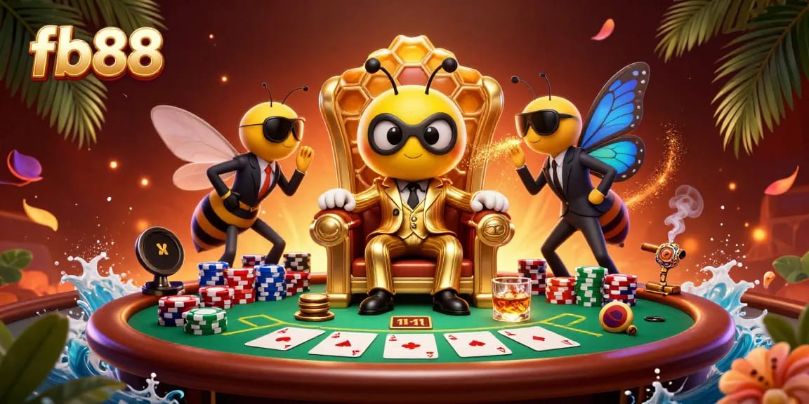 Experience the thrill of fb88's gambling world with colorful poker chips and charismatic characters.