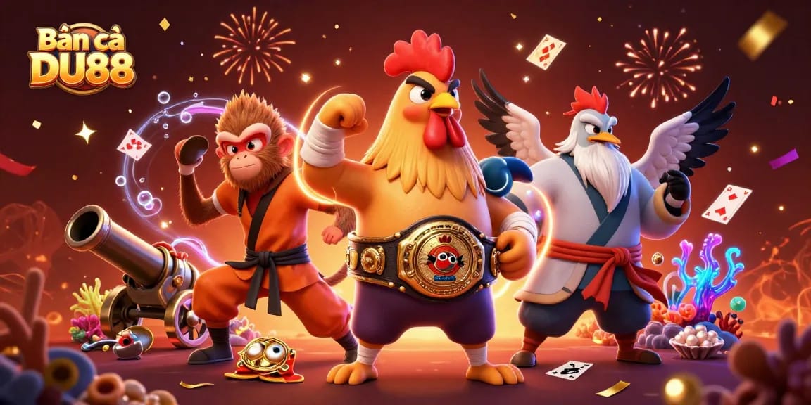 Bắn cá DU88 showcases thrilling underwater action with sea creatures and treasure in a dynamic casino scene.