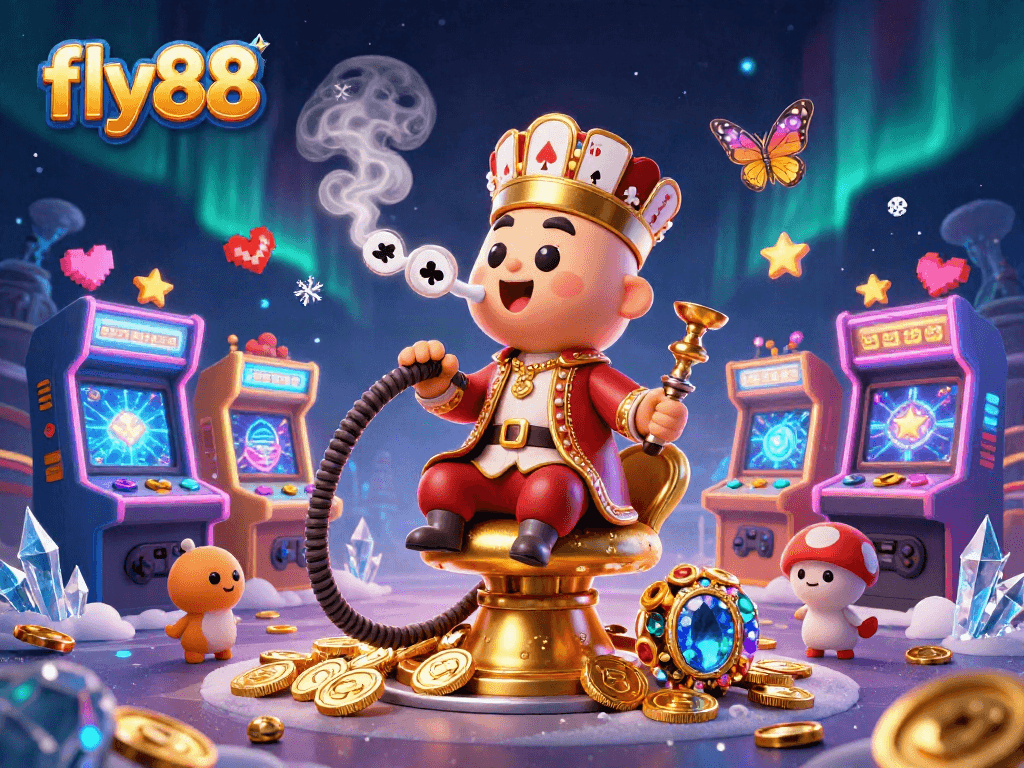 Experience the excitement of fly88 with a vibrant 3D casino scene featuring games and a hookah-master.