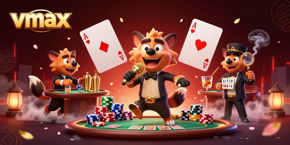 Engage with vmax casino excitement featuring hyenas in a vibrant comedy club setting, poker elements, and sparkling ambiance.
