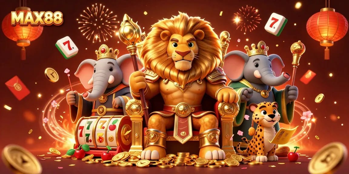 Experience the thrill of MAX88 with a fierce lion king amidst exciting slot game elements.