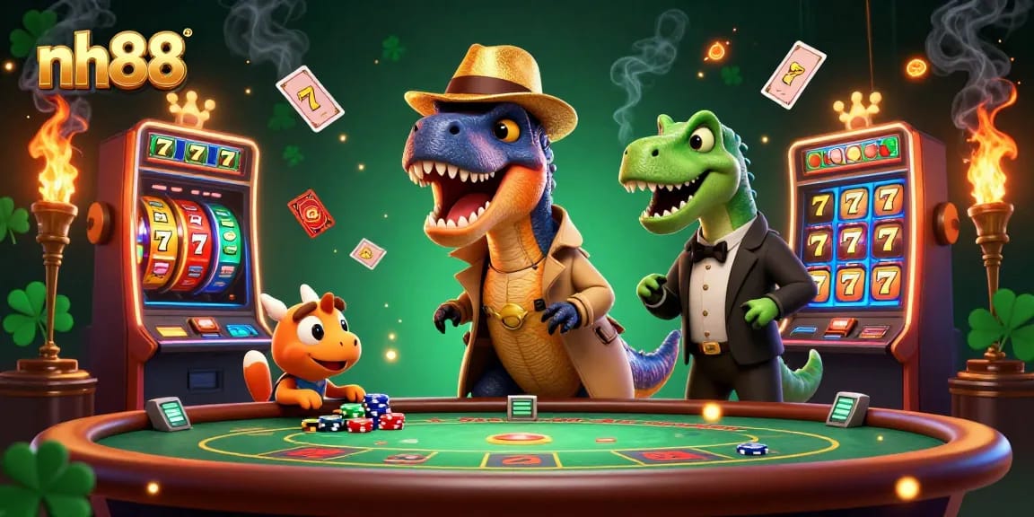 nh88 illustrates a velociraptor card counter and friends amidst a vibrant casino scene full of sparkling elements.