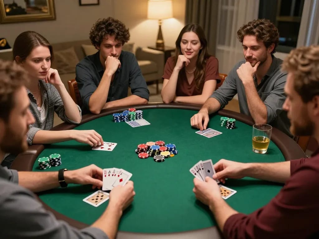 Hitclub players enjoying a thrilling poker game at a home gathering with cards and chips visible.