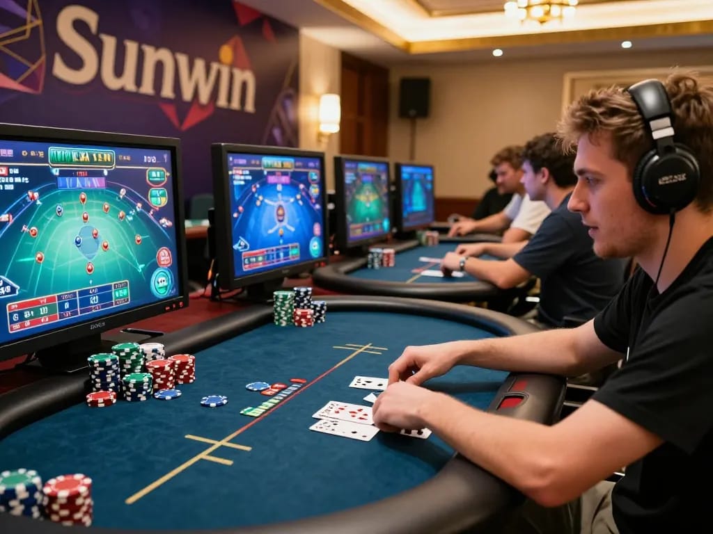 Energetic player enjoying thrilling sun win poker game in stylish casino atmosphere.