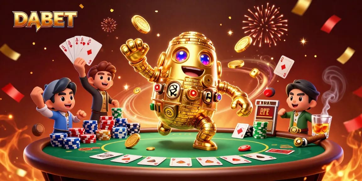 DABET showcases a vibrant casino scene with a golden golem among poker chips and festive confetti.