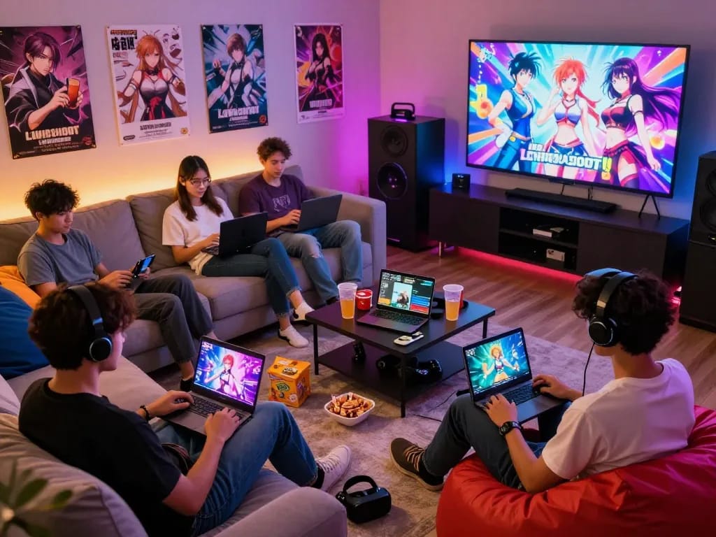 Players enjoying engaging lewdspot adult visual novel games in a cozy gaming lounge with vibrant lighting and snacks.