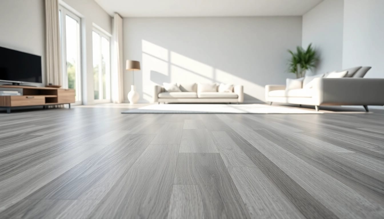 Stylish living space with grey vinyl flooring, highlighting elegance and modern design.