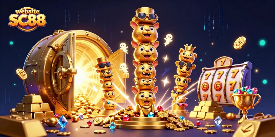 Engage with vibrant 3D casino fun on the website SC88 with a golden totem pole and slot elements.