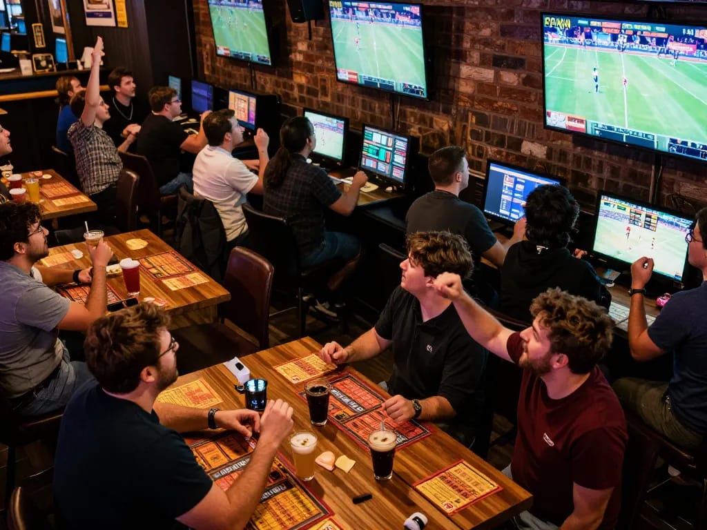 Fans engaging in sports betting excitement at an N188 viewing event, cheering for their teams with slips and drinks on the table
