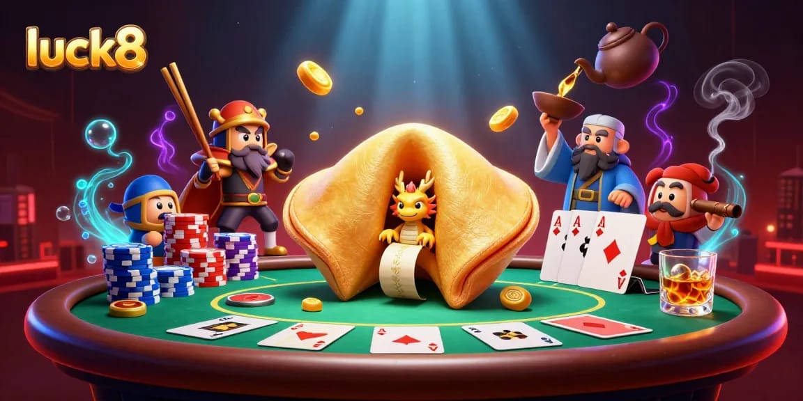 Engage with luck8's exciting casino world featuring a golden fortune cookie, dragons, and poker action.