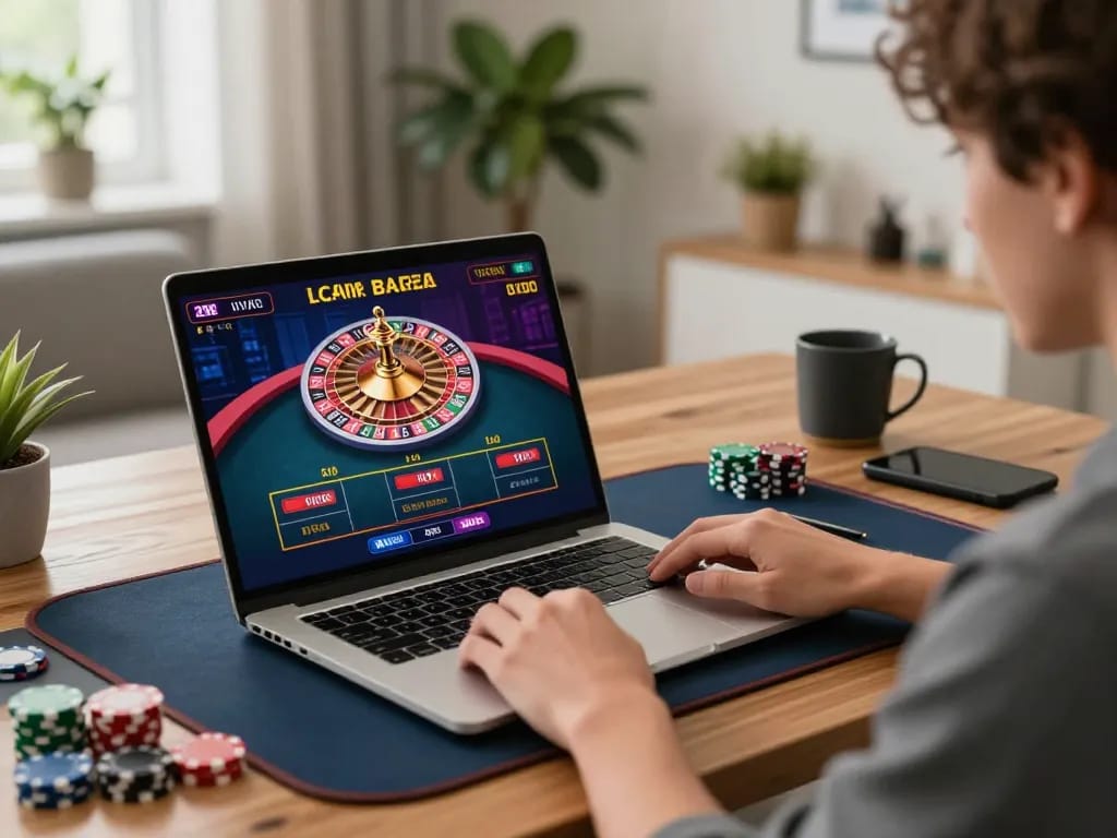 Player enjoying live dealer games on win678 at stylish home gaming setup, capturing immersive casino experience.