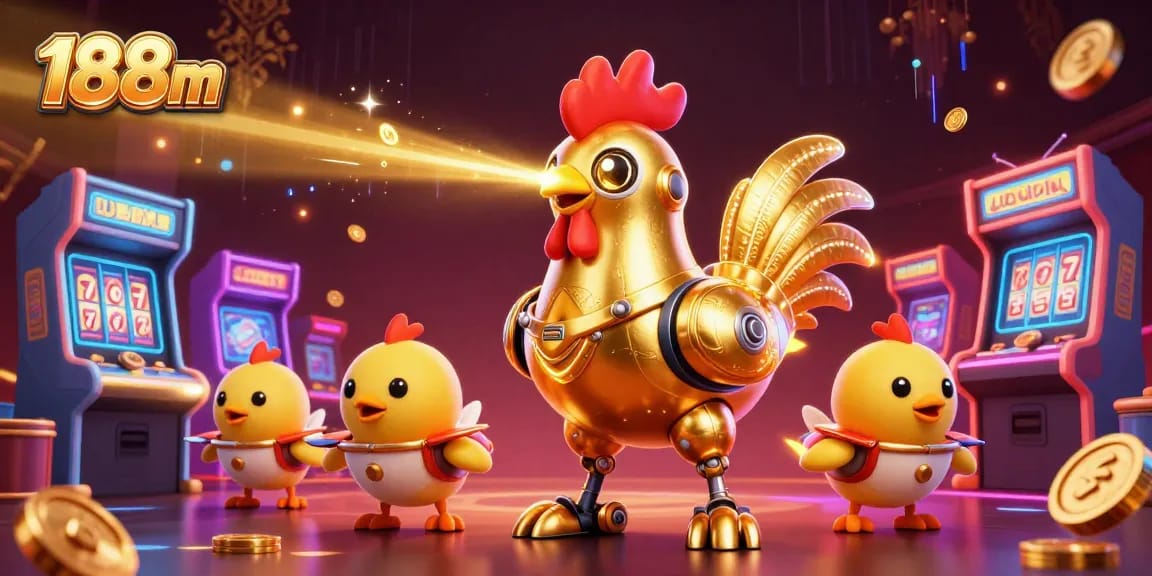 Play at 188m and win big with vibrant casino-themed 3D illustration showcasing slot reels and characters.