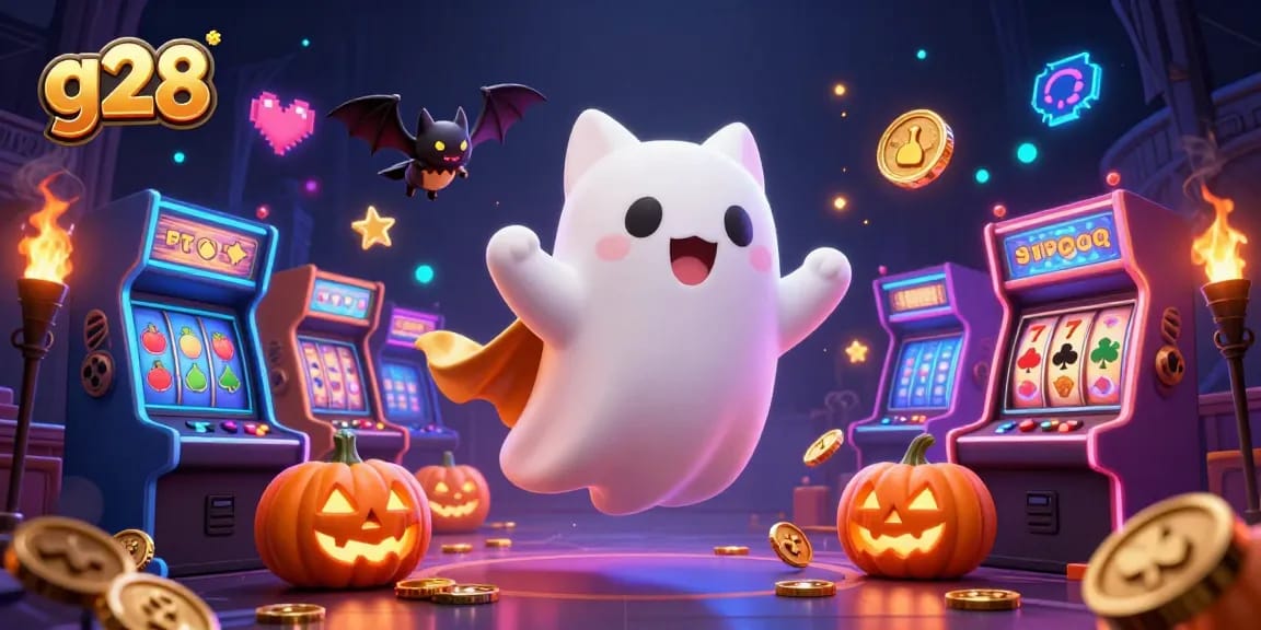 Engage with g28's immersive haunted casino scene featuring a ghost cat and gaming excitement.