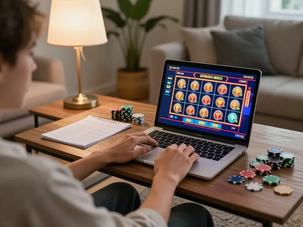 Player enjoying a vibrant online slot game on open88ss, surrounded by notes and chips in a cozy setting.