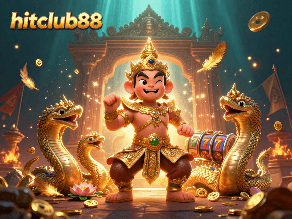 Experience thrilling wins at hitclub88 with an intricate 3D casino scene depicting powerful guardians and dynamic gaming elements.