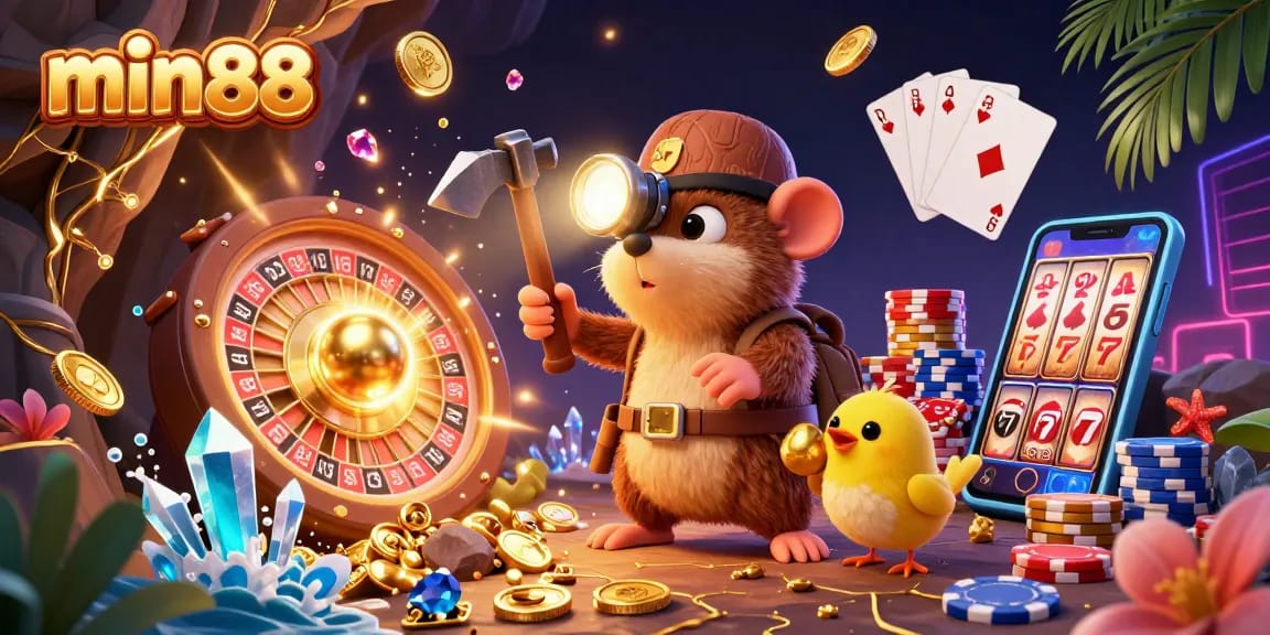 Spin and win at min88 with a vibrant 3D casino scene filled with treasures and excitement.