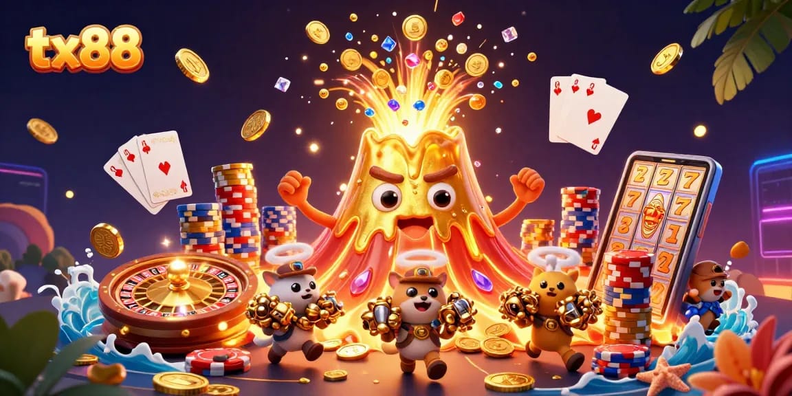 Engage in thrilling casino adventures with tx88's vibrant golden volcano erupting with treasures.