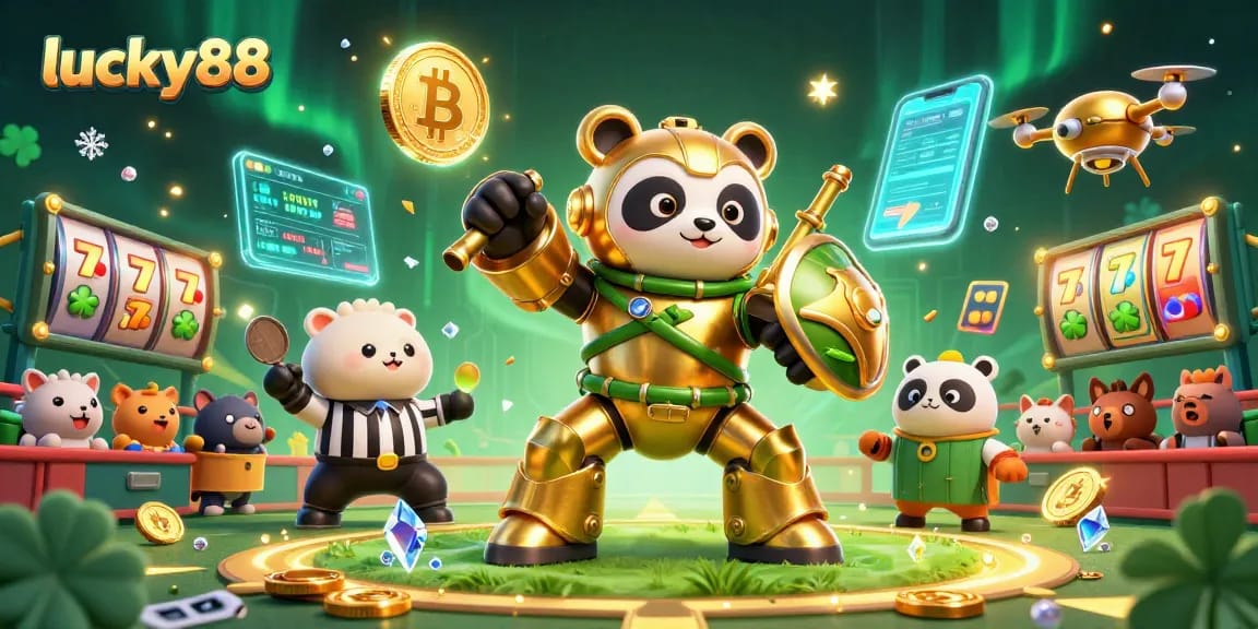 Engage in thrilling play at lucky88 with a 3D cartoon panda in an action-packed casino arena.