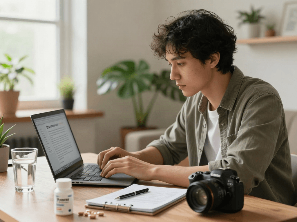 Young adult researching how to Buy Vyvanse in a calm home office setting with a laptop and notepad.