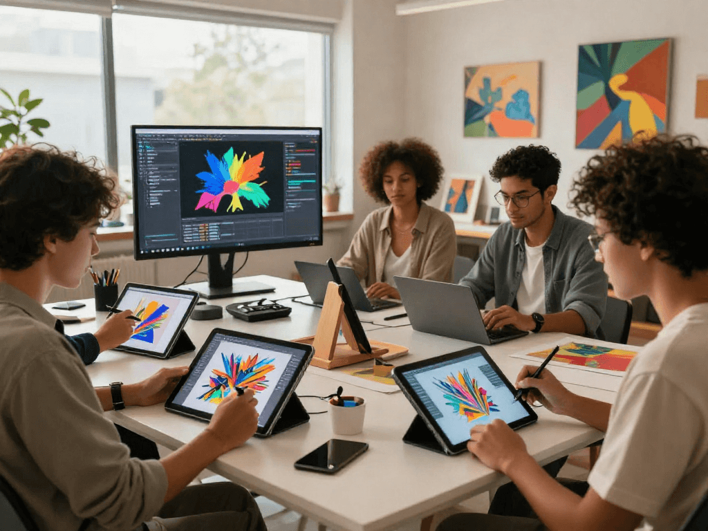 Artists creating innovative 18+ ai artwork in a collaborative digital studio.
