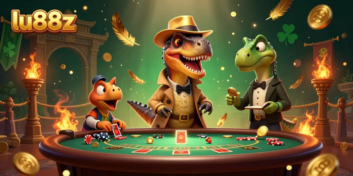 lu88z velociraptor card counter at blackjack table amidst vibrant casino elements and dynamic action.