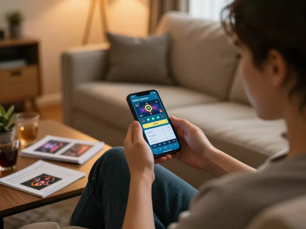 Engaging with the luongson live betting app from a cozy home setting, emphasizing strategic gambling.