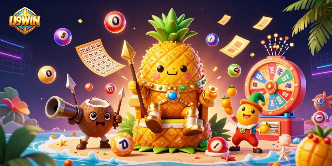 Experience the vibrant U9WIN casino scene with dynamic lottery elements and a tropical theme.