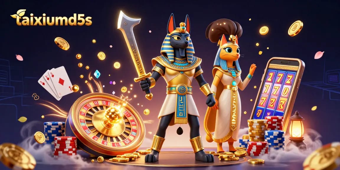 Experience thrilling wins with taixiumd5s in a vibrant 3D casino scene featuring Anubis and Bastet.