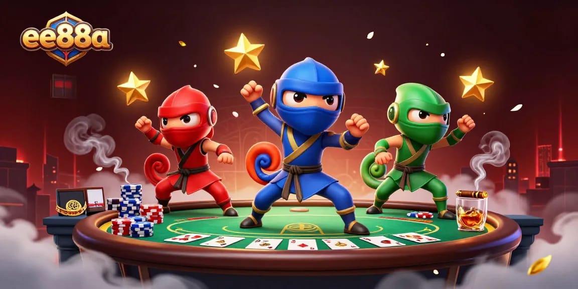 Engage with thrill and strategy at ee88a's exciting poker tournament with colorful chameleon ninjas.