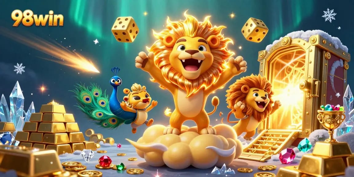 Engage with 98win's dynamic casino world, featuring vibrant characters amidst treasures and excitement.