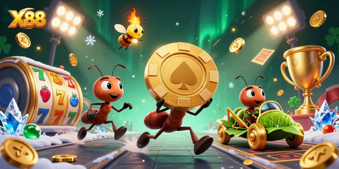 X88 players join the fun while ants heist a giant poker chip amidst vibrant casino elements.