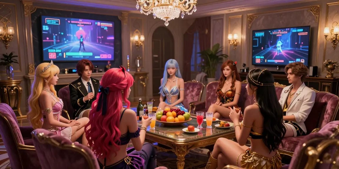 Mansion scene with characters from mind control hentai games showcasing gameplay in a vibrant, immersive atmosphere.
