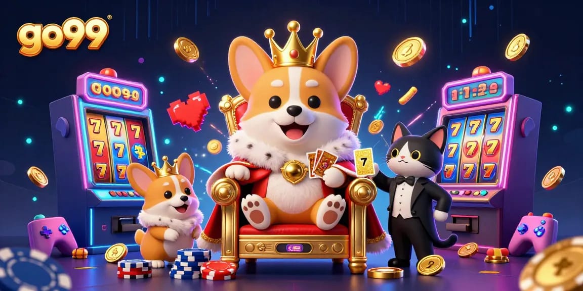 Win big at go99 with this vibrant 3D corgi-themed casino illustration showcasing slot machines and game elements.