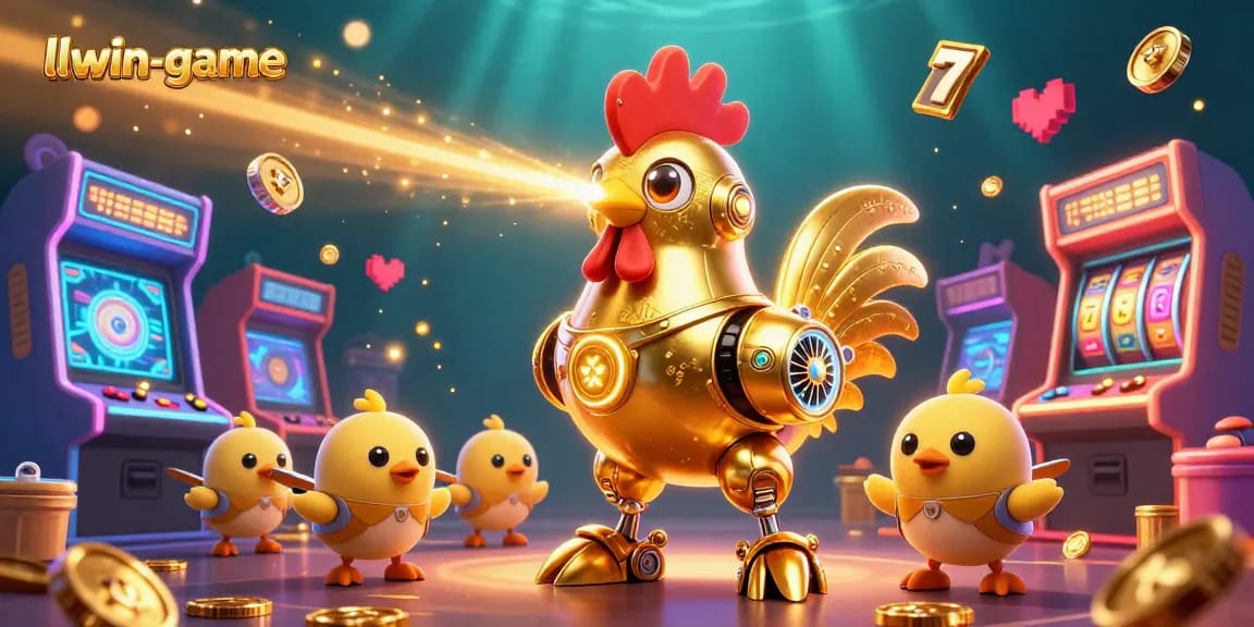 Experience thrilling gameplay at llwin-game with a futuristic golden rooster robot and dynamic arcade elements.