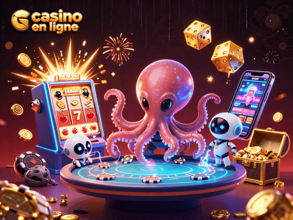 Les joueurs à un casino en ligne découvrent des jeux palpitants sous l'œil d'un octopus extraterrestre.