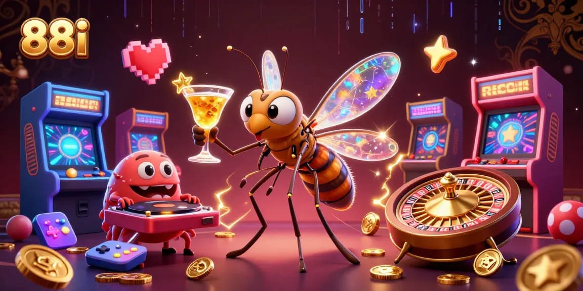 Engage with thrilling excitement at 88i, featuring a cartoon mosquito mascot and casino elements.