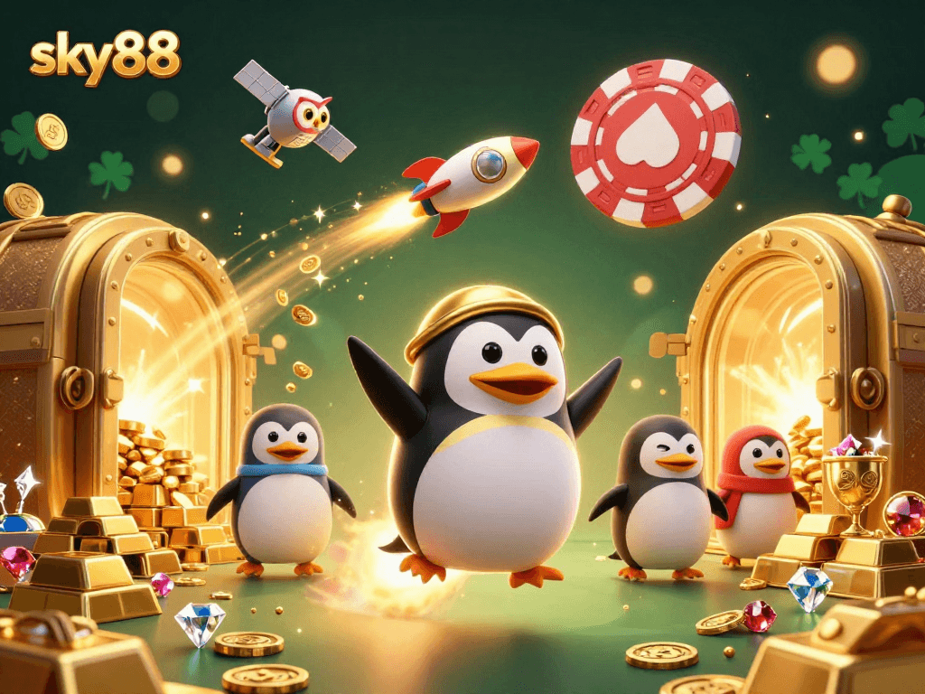 Sky88 offers thrilling adventures in gambling with vibrant 3D illustrations of a golden penguin and a poker chip space station.